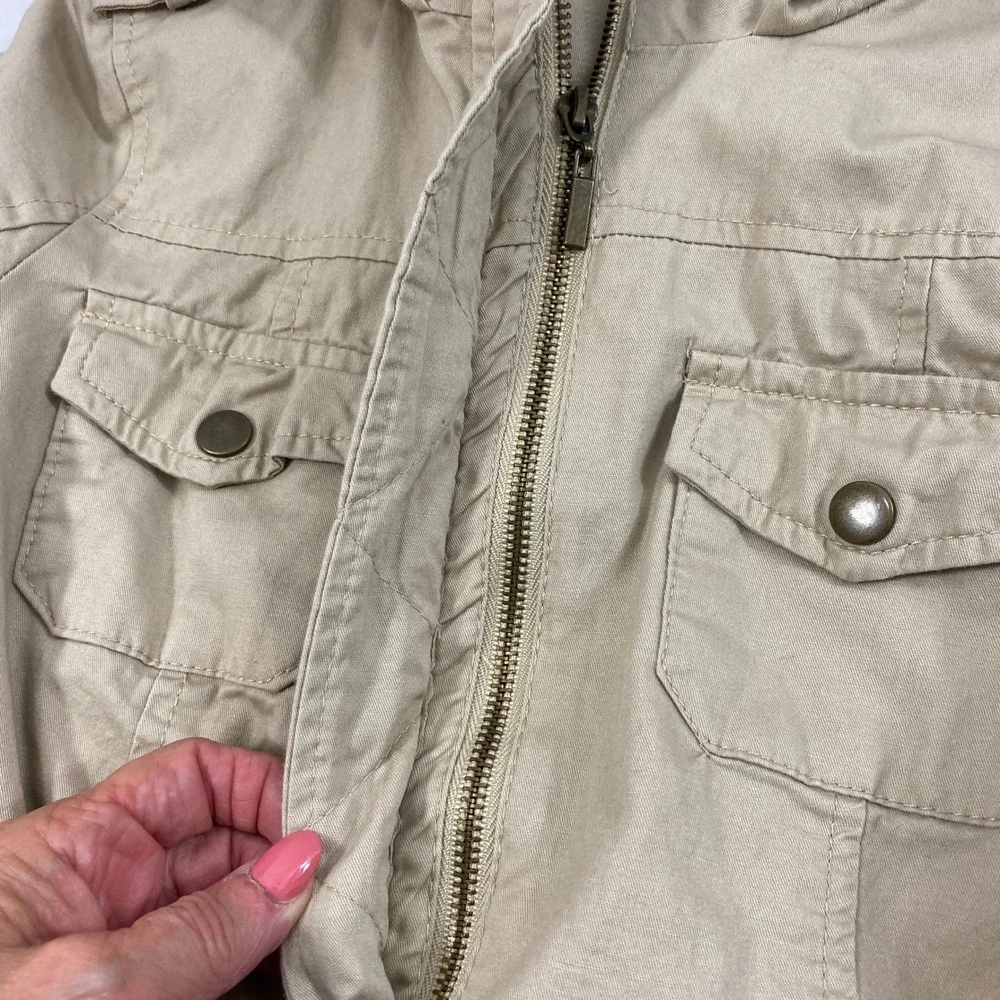 New Look Utility Jacket Women Medium Tan Hooded Drawstring Waist Field Coat